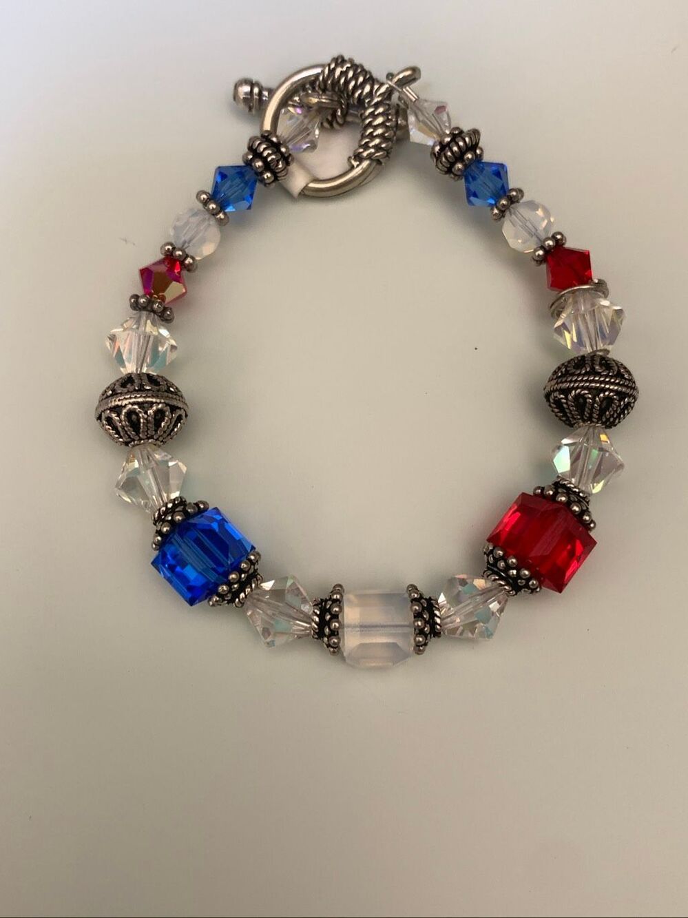 Red White Blue Swarovski Crystal Bracelet with Bali Sterling Silver Accents